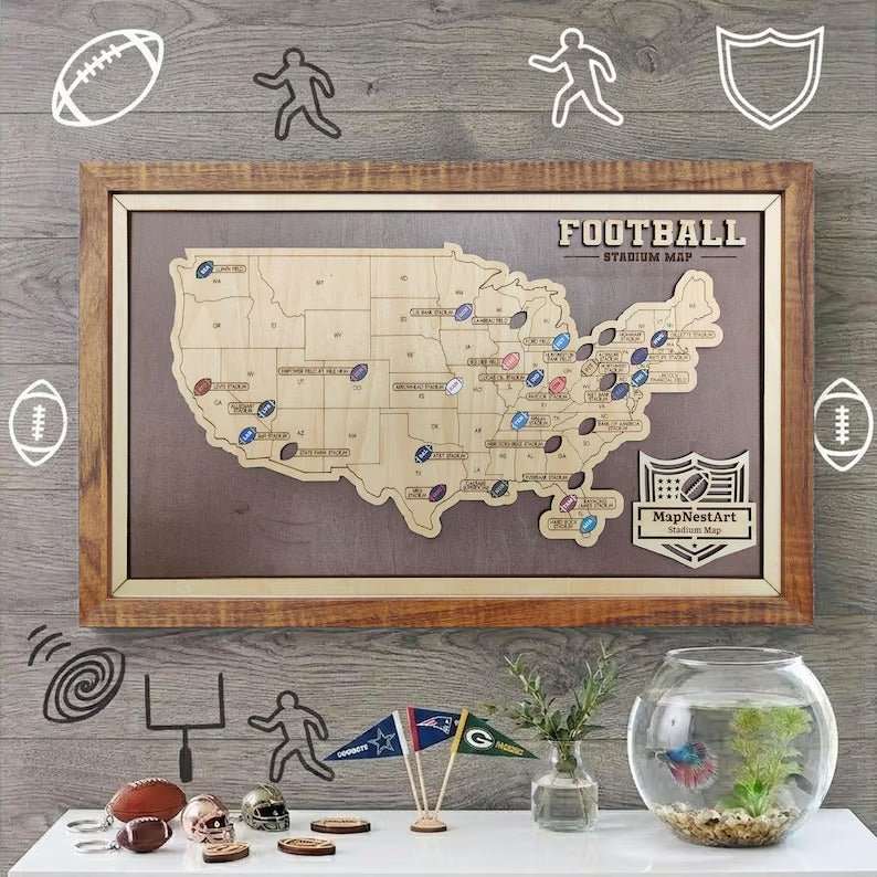 Personalized Brown Wooden NFL Stadium Map with Team Name Pins - Mappae Pilot