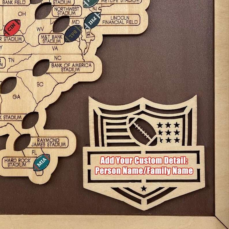 Personalized Brown Wooden NFL Stadium Map with Team Logo Pins - Mappae Pilot