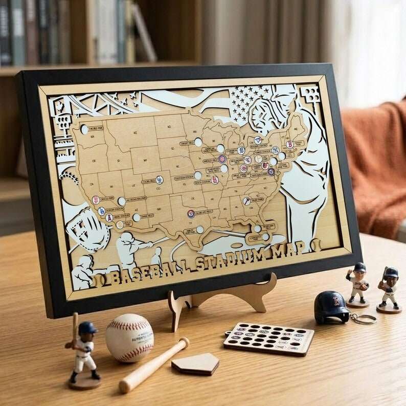 Personalized Wooden MLB Stadium Map with Colorful MLB Team Logo Pins - Mappae Pilot