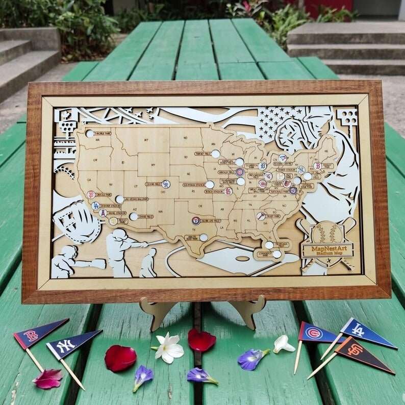 Personalized Wooden MLB Stadium Map with Engraved Nameplate & Team Logo Pins - Mappae Pilot