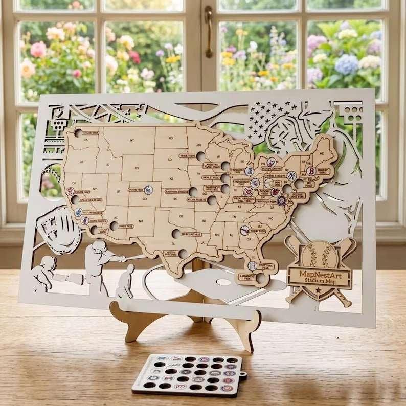 3D Cutout Wooden MLB Stadium Map with Engraved Nameplate & Team Logo Pins - Mappae Pilot