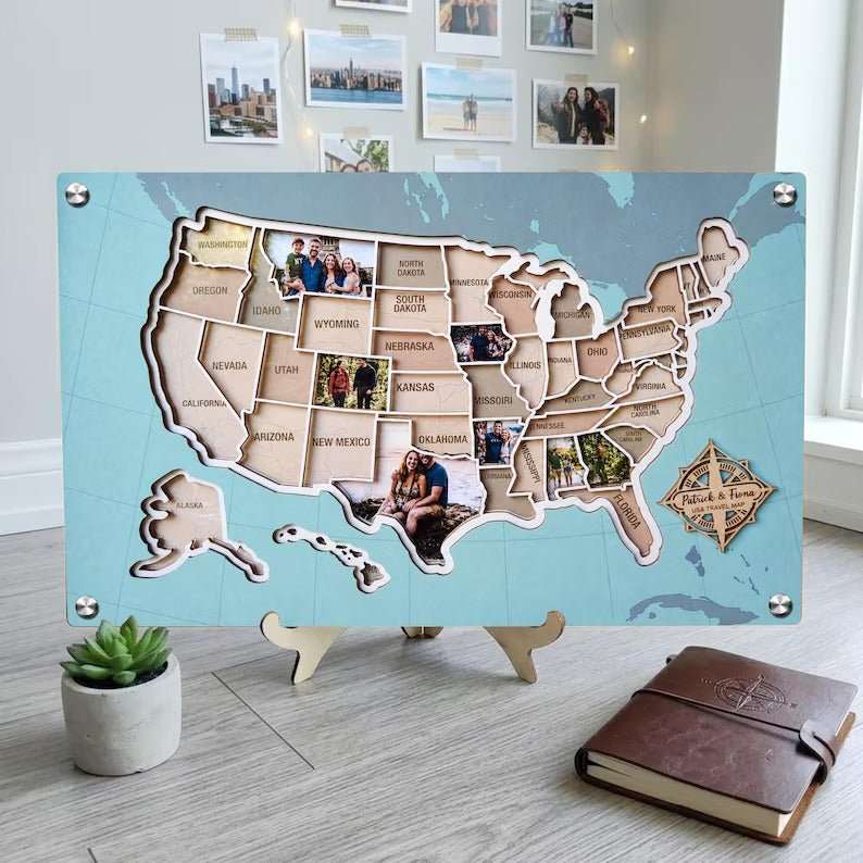 Personalized USA Photo Travel Map - Light Blue - Mappae Pilot