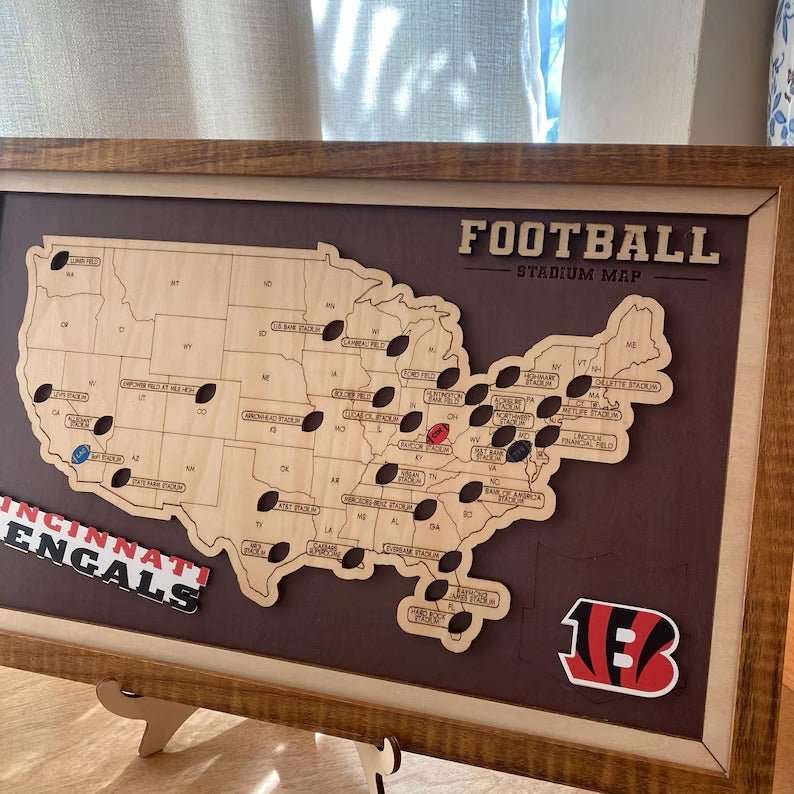 Personalized Brown Wooden NFL Stadium Map with Team Name Pins - Mappae Pilot