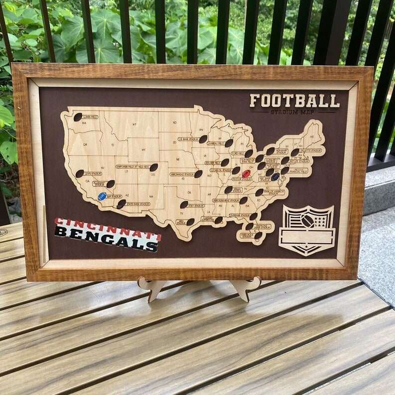 Personalized Brown Wooden NFL Stadium Map with Team Name Pins - Mappae Pilot
