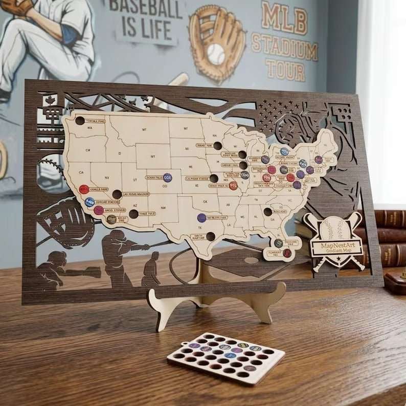 3D Cutout Wooden MLB Stadium Map with Engraved Nameplate & Team Pins - Mappae Pilot