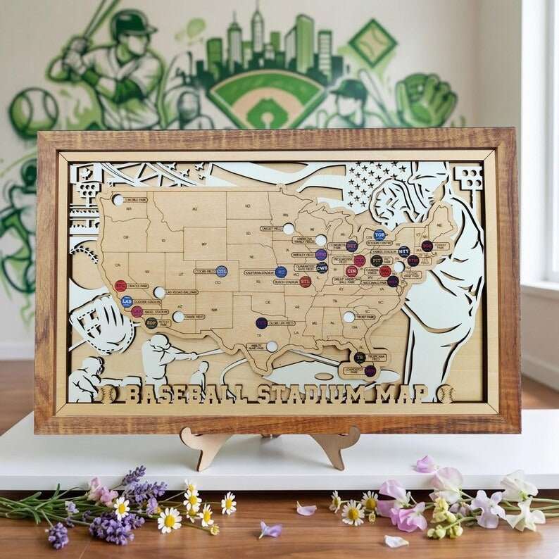 Personalized Wooden MLB Stadium Map with Colorful MLB Team Pins - Mappae Pilot