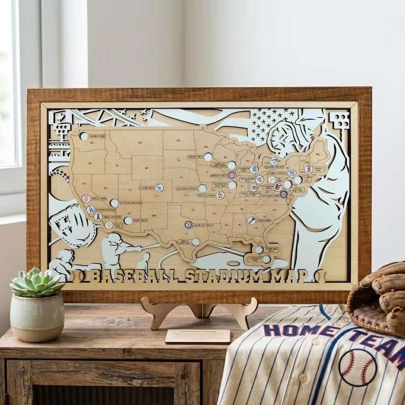 Personalized Wooden MLB Stadium Map with Colorful MLB Team Logo Pins - Mappae Pilot