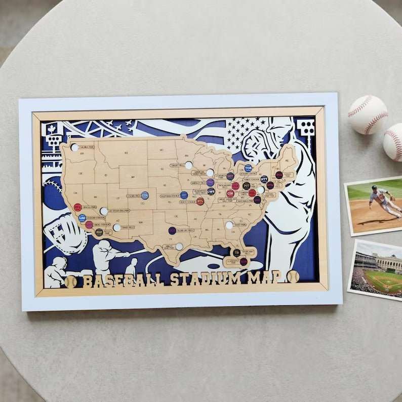 Custom Team Color Wooden MLB Stadium Map with Team Pins - Mappae Pilot