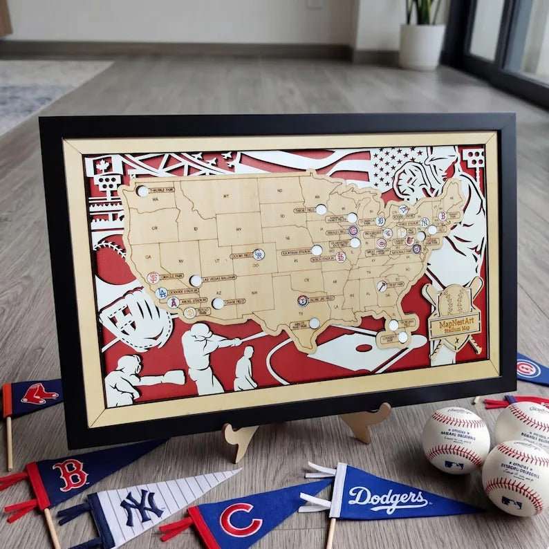 Custom Color MLB Stadium Map with Nameplate & Team Logo Pins - Mappae Pilot