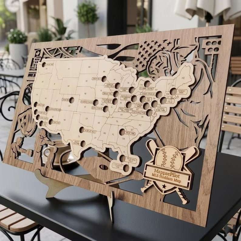 3D Cutout Wooden MLB Stadium Map with Engraved Nameplate & Team Logo Pins - Mappae Pilot