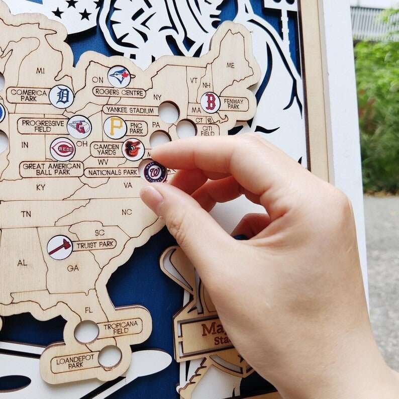 Custom Color MLB Stadium Map with Nameplate & Team Logo Pins - Mappae Pilot