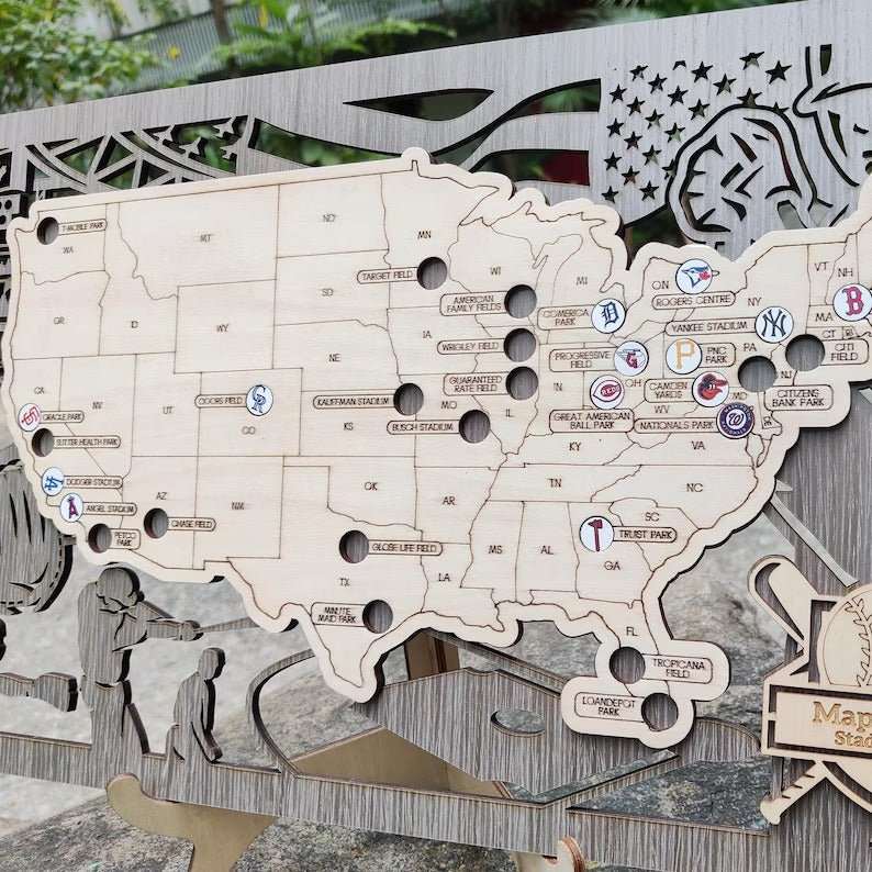 3D Cutout Wooden MLB Stadium Map with Engraved Nameplate & Team Logo Pins - Mappae Pilot