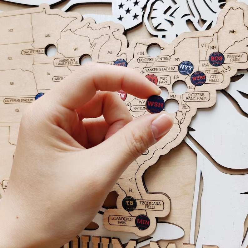 Personalized Wooden MLB Stadium Map with Colorful MLB Team Pins - Mappae Pilot