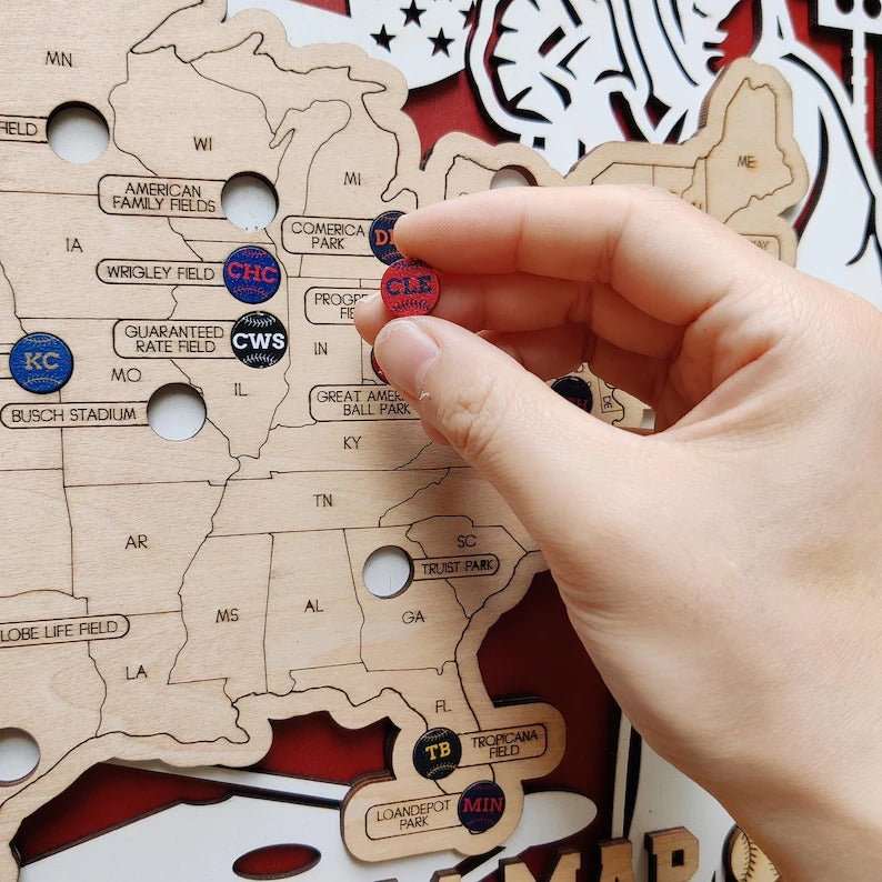 Custom Team Color Wooden MLB Stadium Map with Team Pins - Mappae Pilot