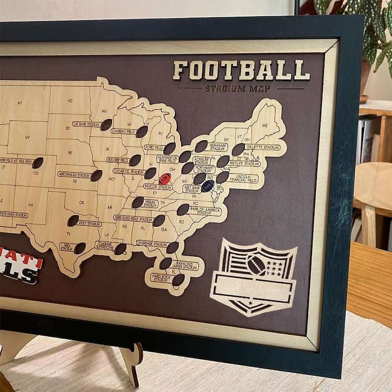 Personalized Brown Wooden NFL Stadium Map with Team Name Pins - Mappae Pilot