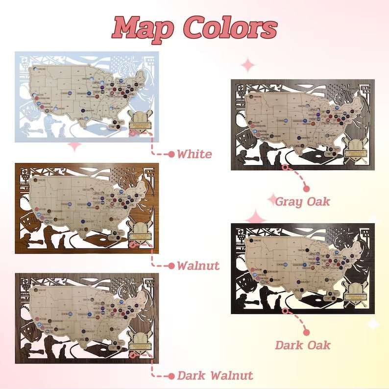3D Cutout Wooden MLB Stadium Map with Engraved Nameplate & Team Pins - Mappae Pilot