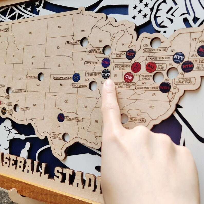 Custom Team Color Wooden MLB Stadium Map with Team Pins - Mappae Pilot
