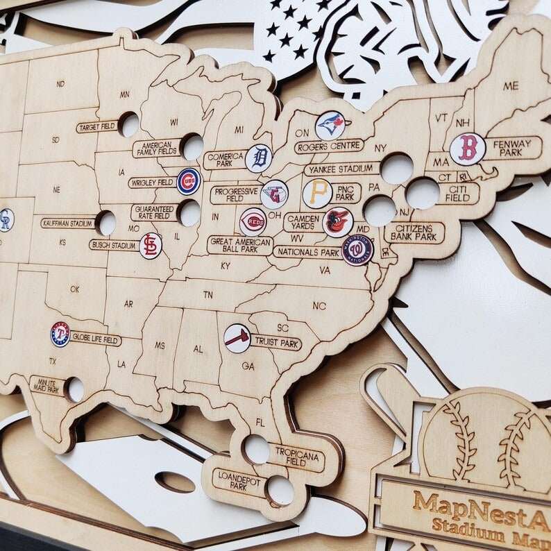 Personalized Wooden MLB Stadium Map with Engraved Nameplate & Team Logo Pins - Mappae Pilot