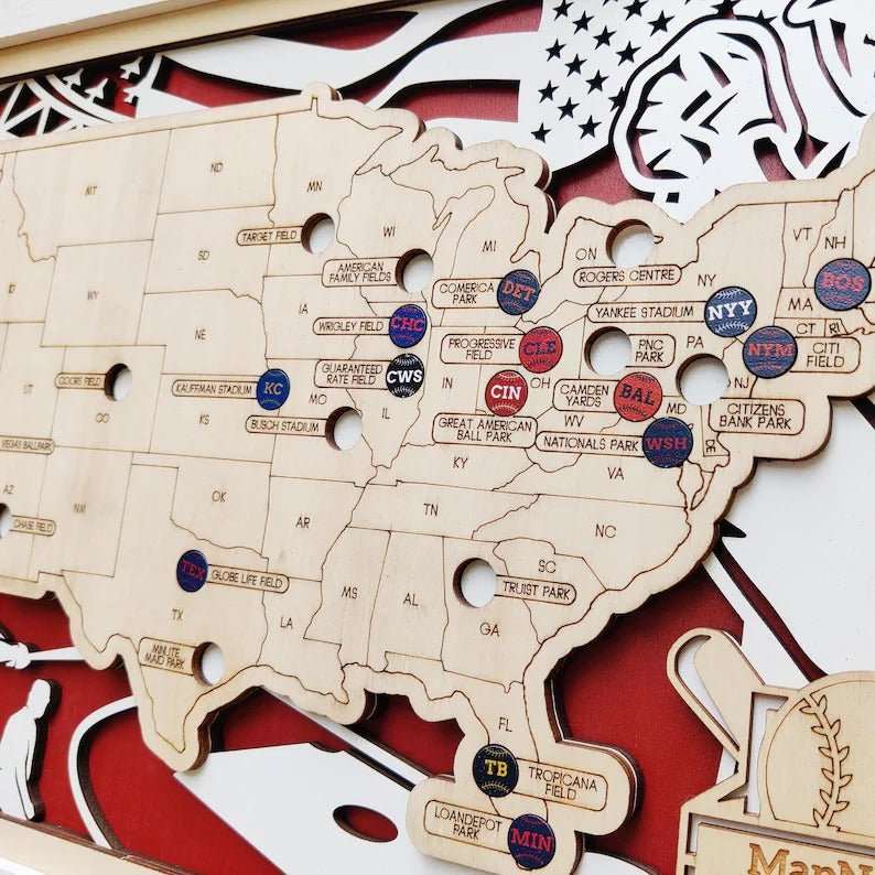 Custom Color MLB Stadium Map with Nameplate & Team Pins - Mappae Pilot