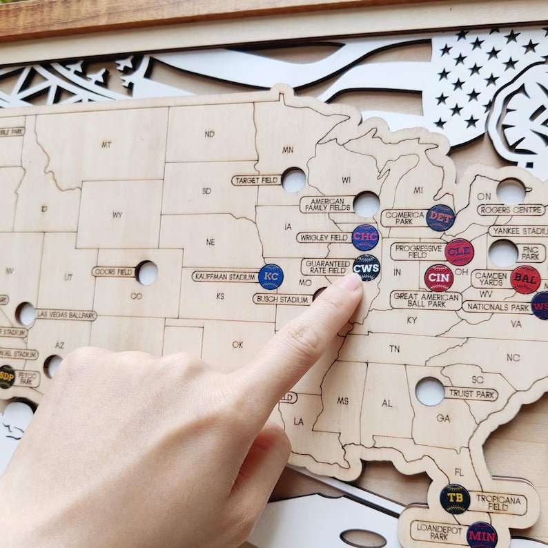 Personalized Wooden MLB Stadium Map with Colorful MLB Team Pins - Mappae Pilot