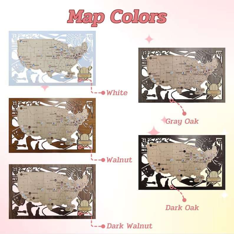 3D Cutout Wooden MLB Stadium Map with Engraved Nameplate & Team Logo Pins - Mappae Pilot