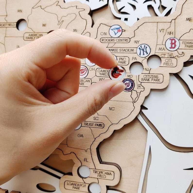 Personalized Wooden MLB Stadium Map with Colorful MLB Team Logo Pins - Mappae Pilot