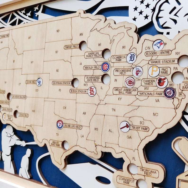 Custom Color MLB Stadium Map with Nameplate & Team Logo Pins - Mappae Pilot