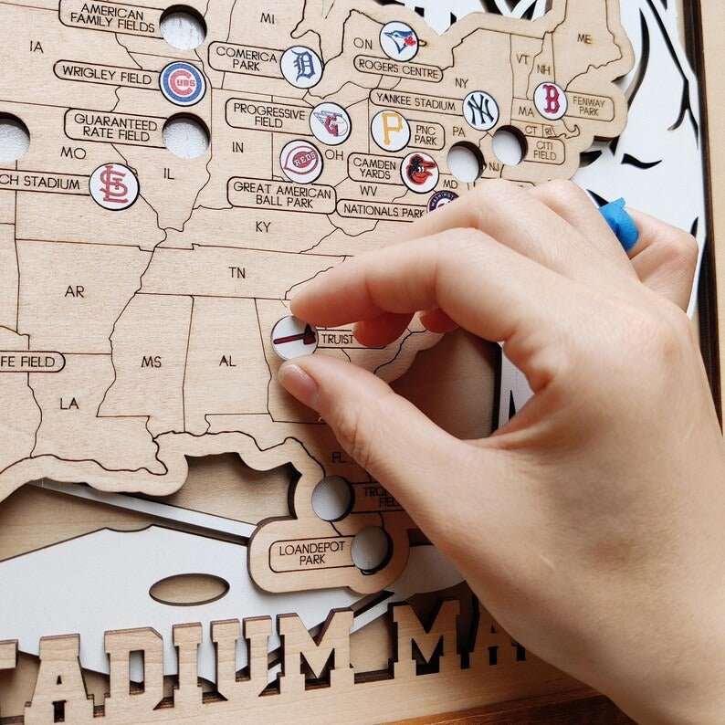 Personalized Wooden MLB Stadium Map with Colorful MLB Team Logo Pins - Mappae Pilot