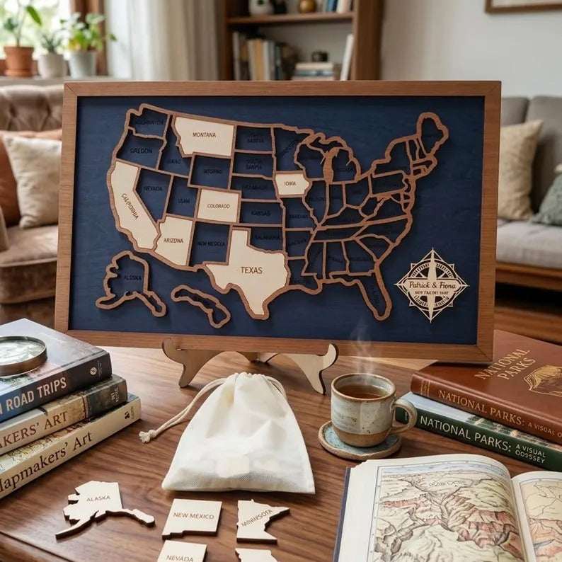 50 States Puzzle Map - Laser Cut Wooden USA Travel Tracker