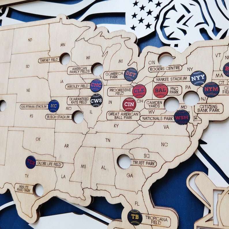 Custom Color MLB Stadium Map with Nameplate & Team Pins - Mappae Pilot