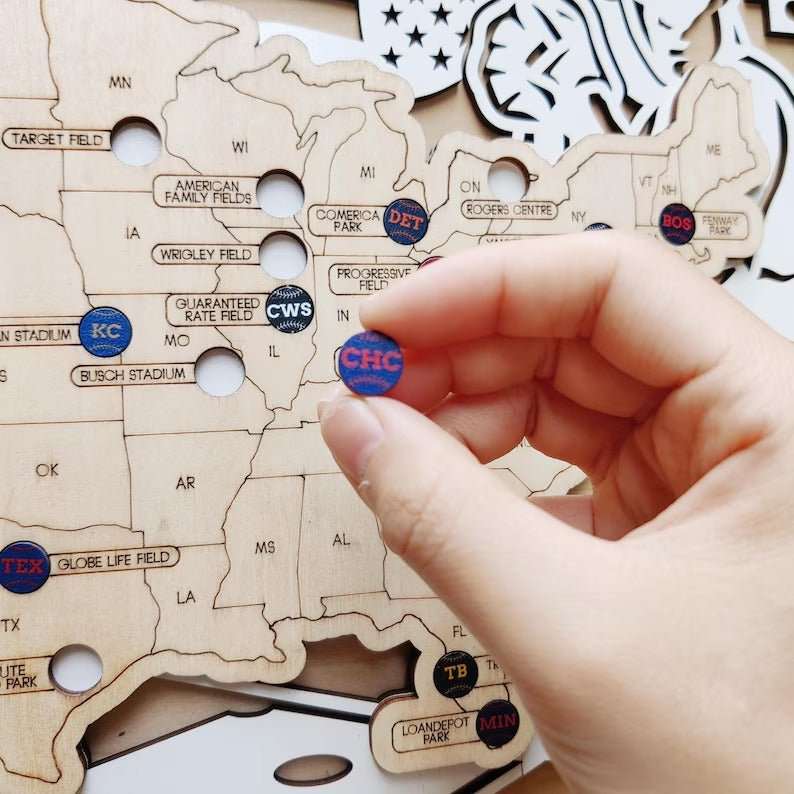 Personalized Wooden MLB Stadium Map with Colorful MLB Team Pins - Mappae Pilot