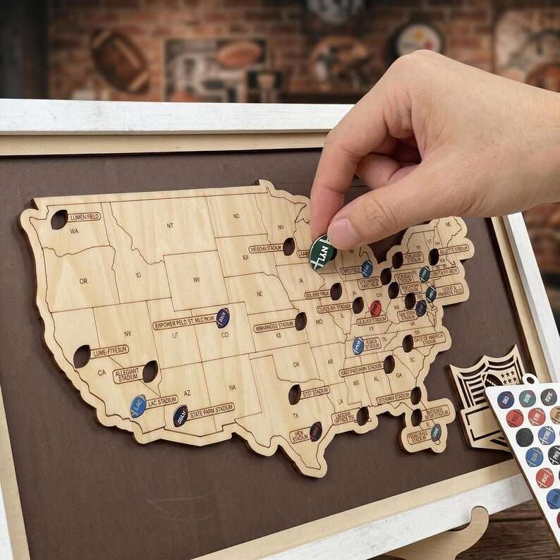 Personalized Brown Wooden NFL Stadium Map with Team Name Pins - Mappae Pilot