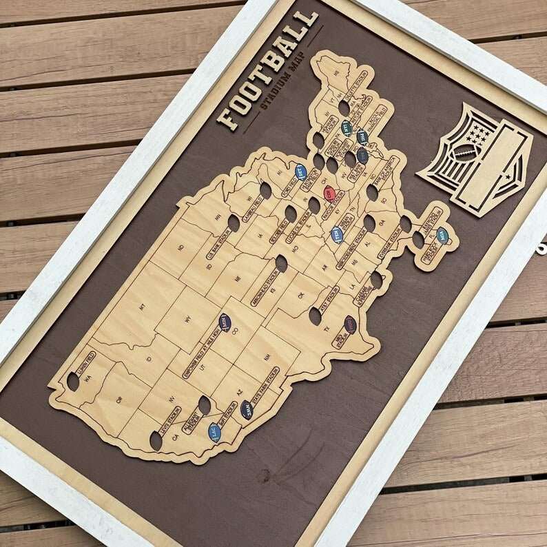 Personalized Brown Wooden NFL Stadium Map with Team Name Pins - Mappae Pilot