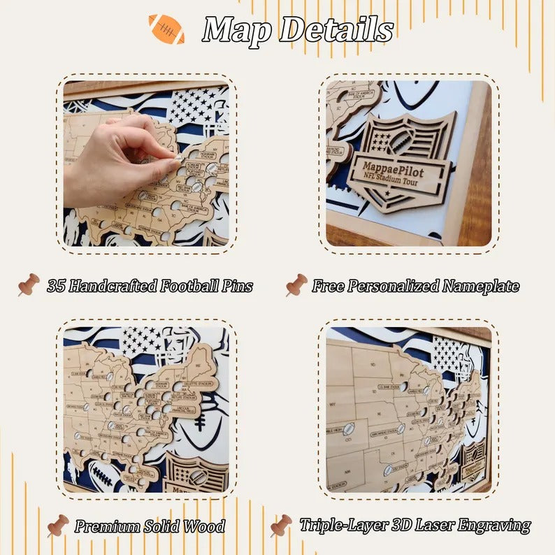 Football Baseball Stadium Map, Wood NFL Stadium Tracker