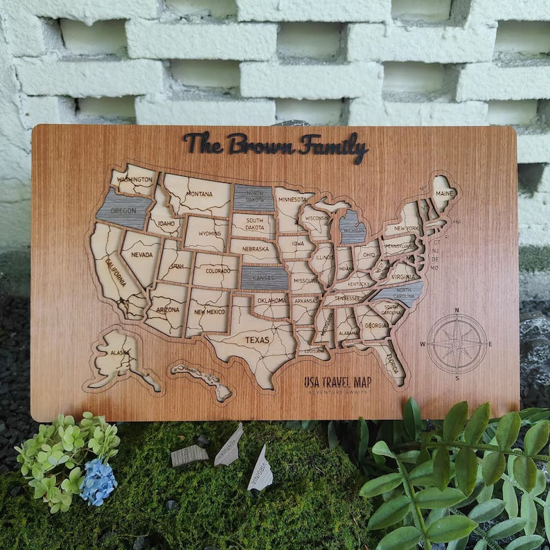 Personalized USA States Puzzle Map(Walnut)