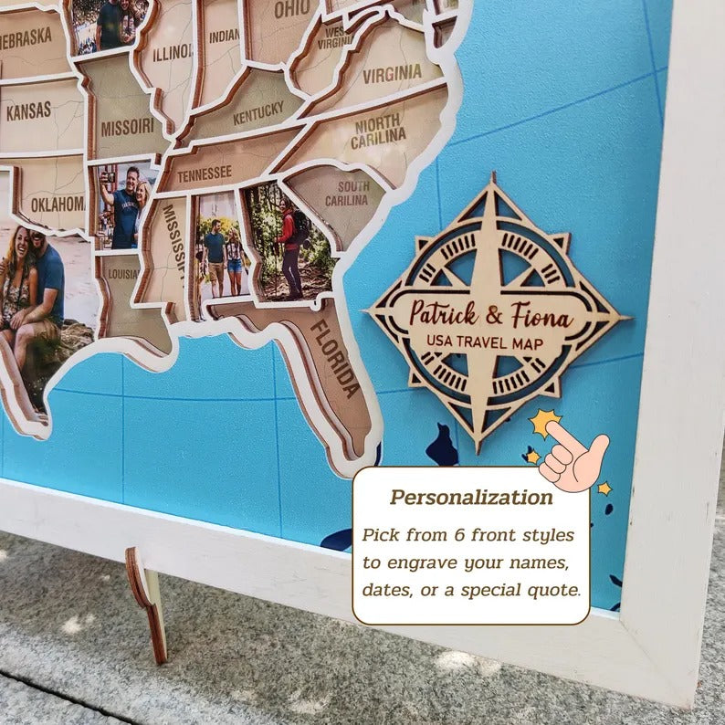 Personalized USA Photo Travel Map - Dark Blue