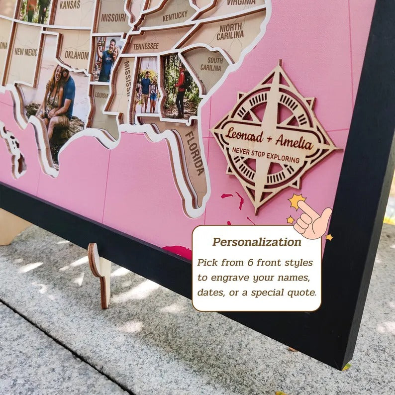 Personalized USA Photo Travel Map - Pink