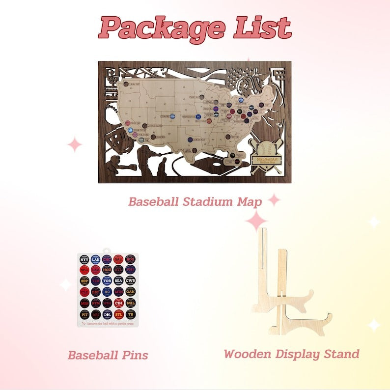 3D Cutout Wooden MLB Stadium Map with Engraved Nameplate & Team Pins