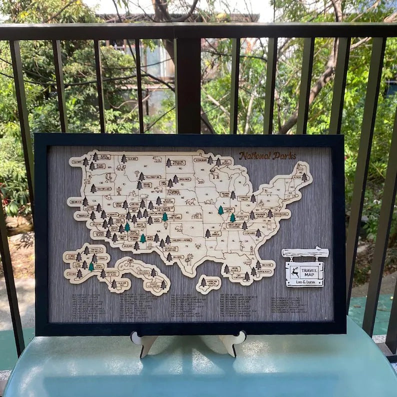 Personalized 2D National Parks Map with Nameplate(Charcoal)