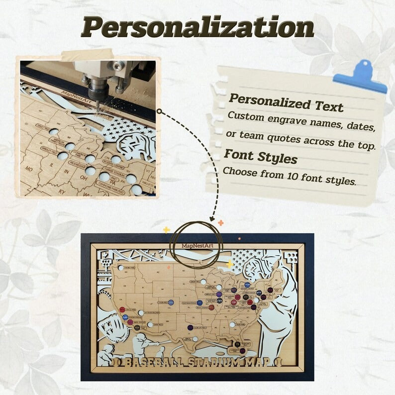 Personalized Wooden MLB Stadium Map with Colorful MLB Team Pins