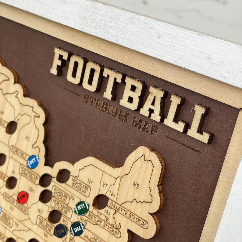 Personalized Brown Wooden NFL Stadium Map with Team Name Pins - Mappae Pilot