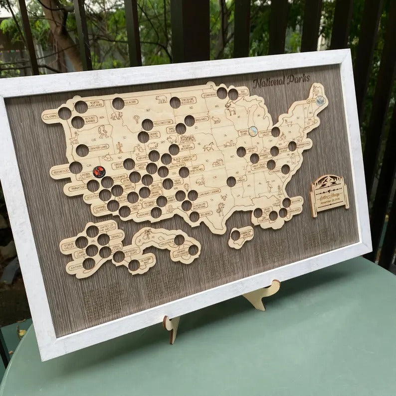 Engraved National Parks Map - Wooden USA Travel Tracker Gift