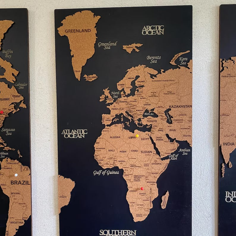3D Wooden Triptych World Map - 3-Panel Push Pin Travel Wall Art