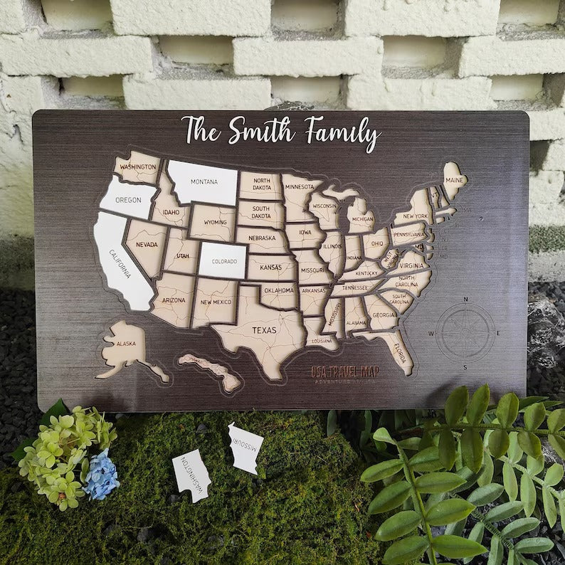 Personalized USA States Puzzle Map(Black Oak)