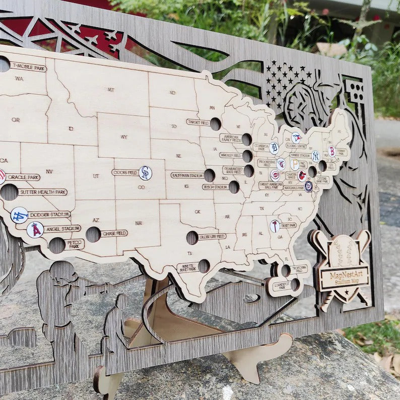 3D Cutout Wooden MLB Stadium Map with Engraved Nameplate & Team Logo Pins