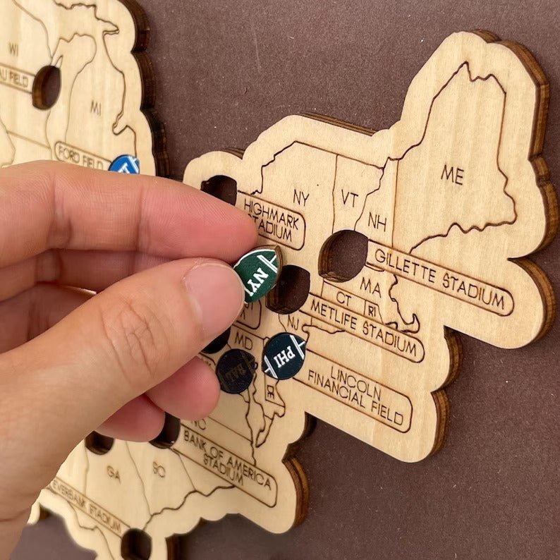 Personalized Brown Wooden NFL Stadium Map with Team Name Pins - Mappae Pilot