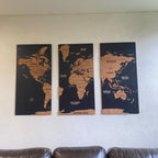 3D Wooden Triptych World Map - 3-Panel Push Pin Travel Wall Art