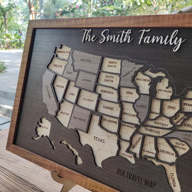 Personalized USA States Puzzle Map(Black Oak)