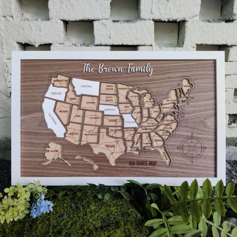 Personalized USA States Puzzle Map(Dark Walnut)