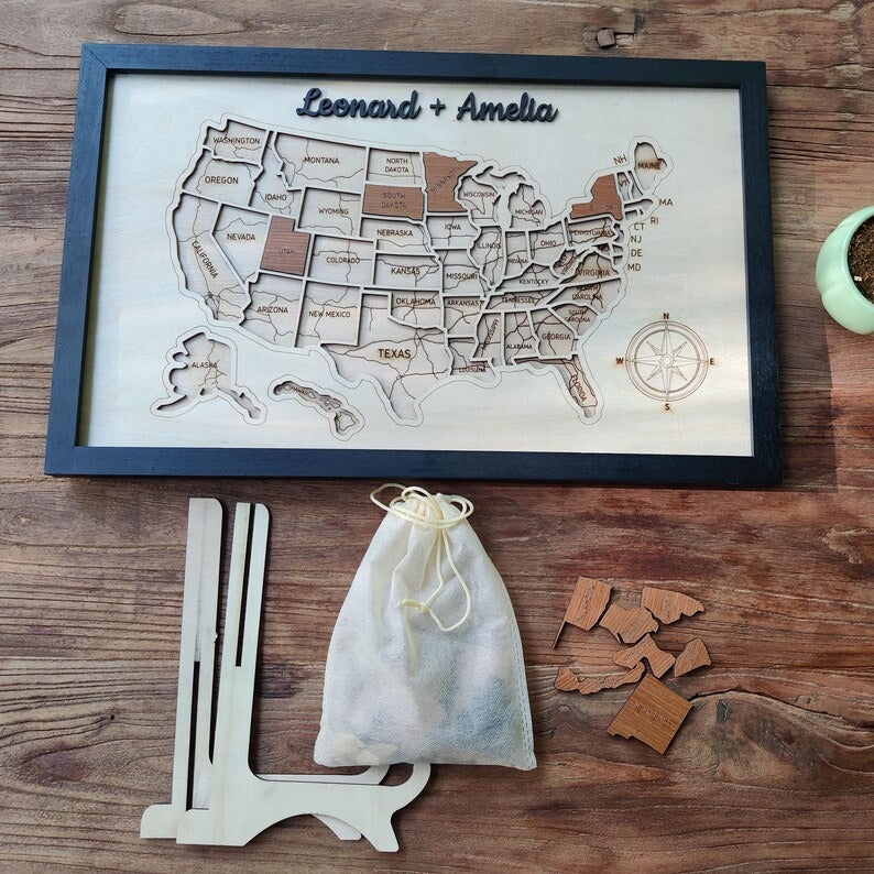 Personalized USA States Puzzle Map(Natural Wood)
